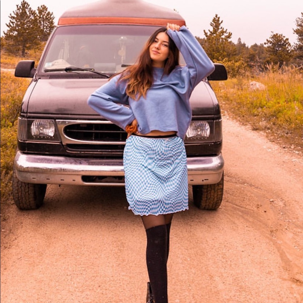 70s style distorted checkered ruffle edge skirt mesh layer